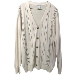 Geoffrey Beene Sweater Mens XL White Striped Cardigan Button V Neck Knit Soft